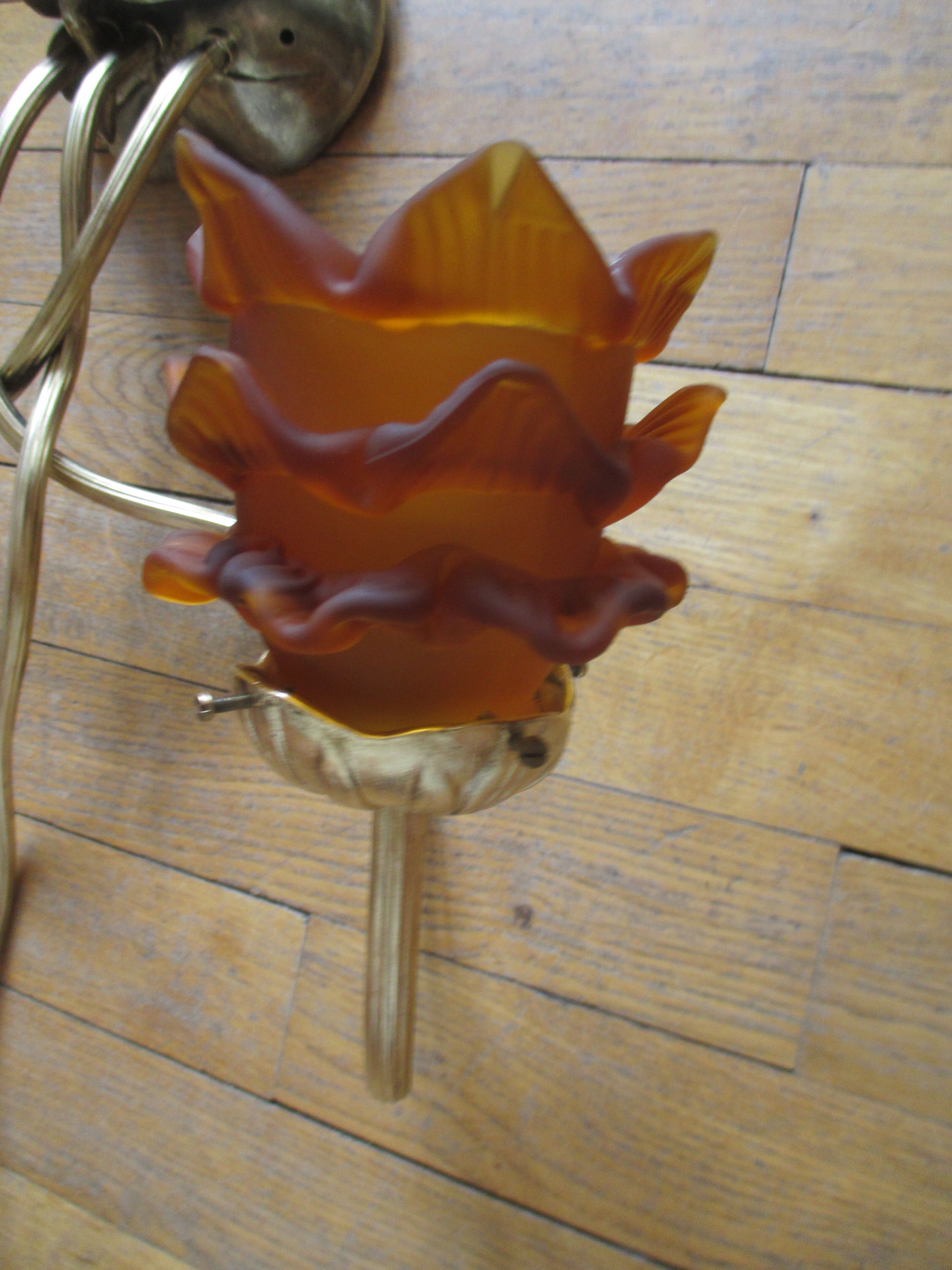 2 brass appliques leaves flowers tulip glass paste