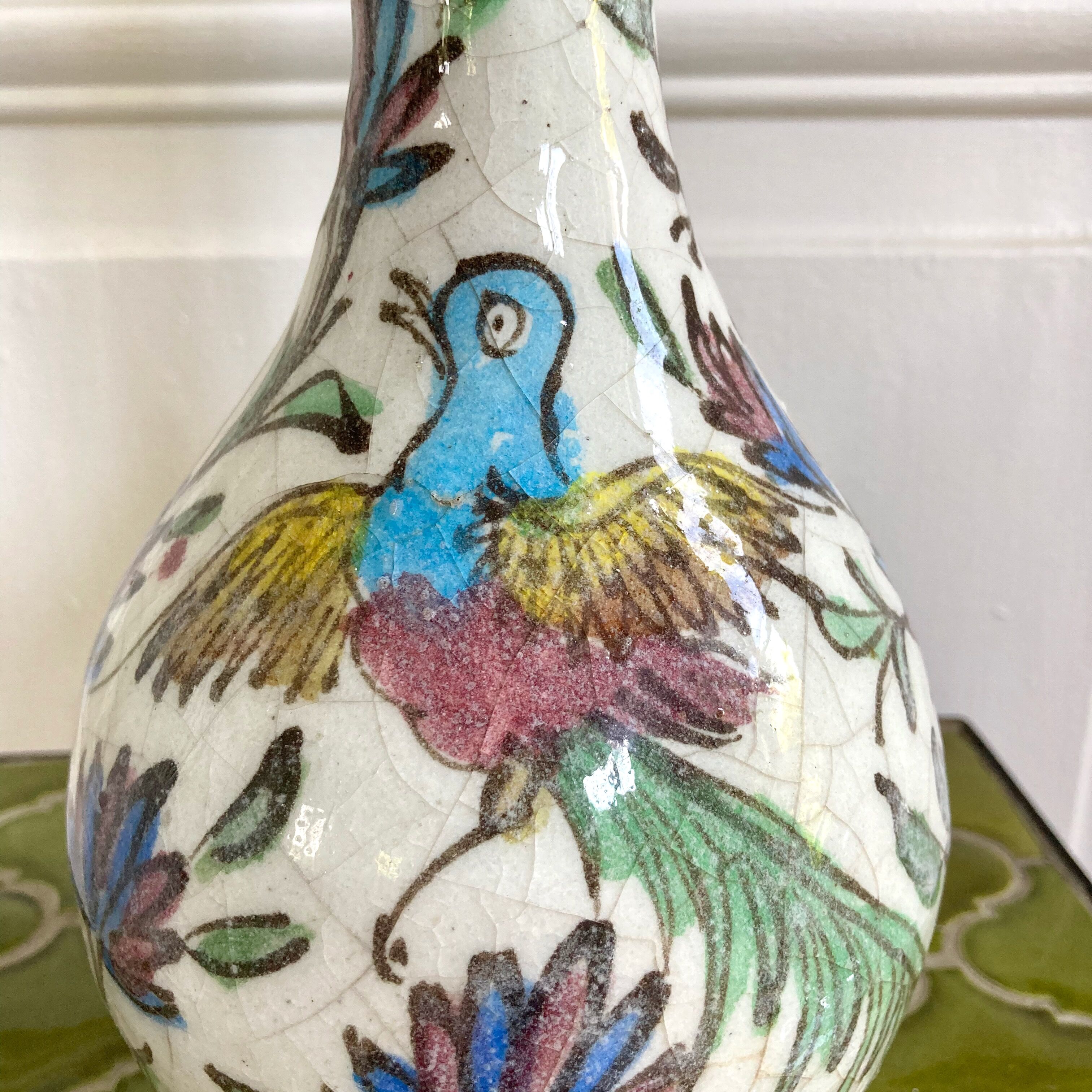 Vase céramique craquelée décor oiseaux