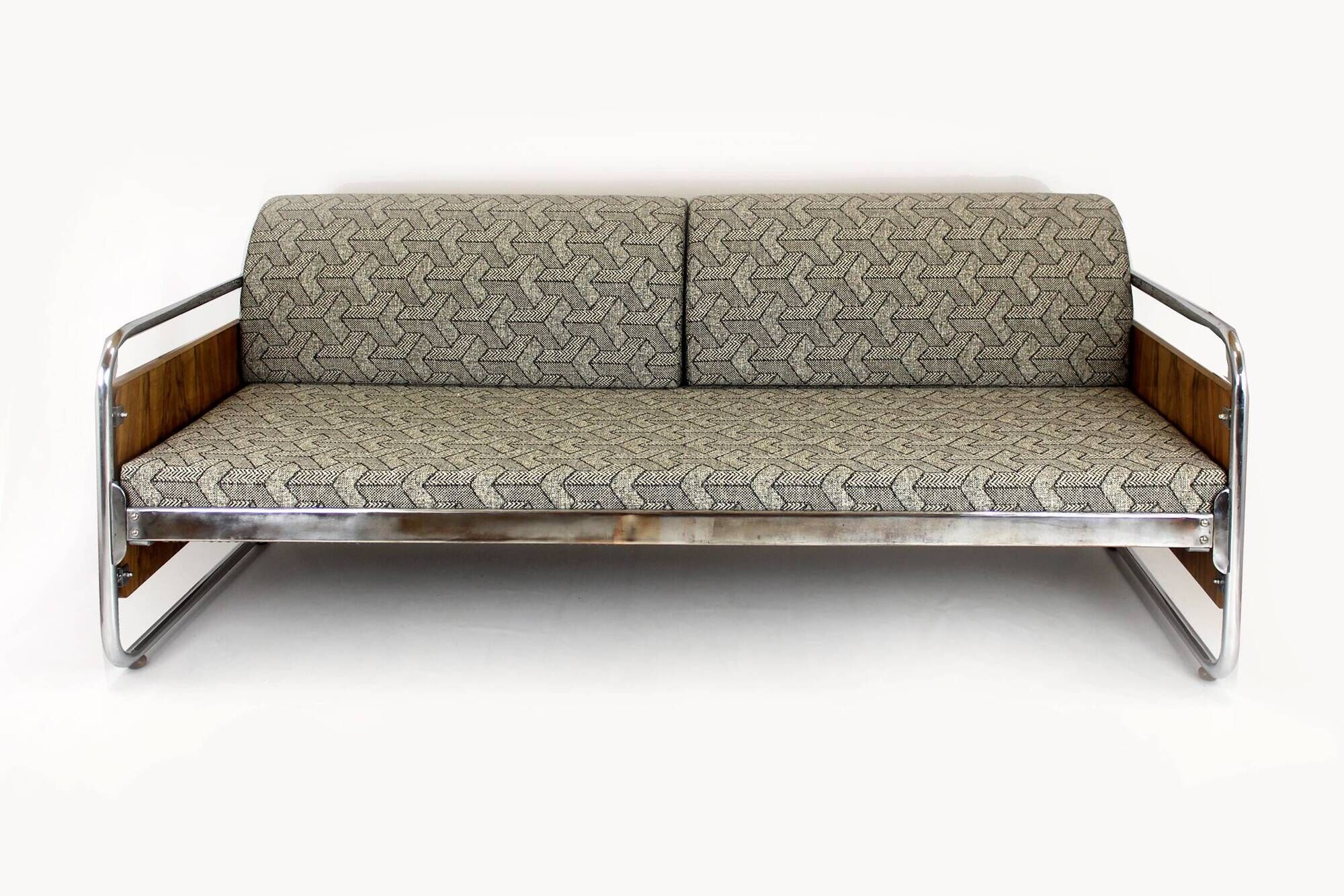 Restored Bauhaus Tubular Steel and Chrome Sofa, Czechoslovakia, 1940s