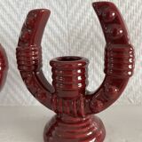 2 fifties red ceramic candle holders, horseshoe pattern