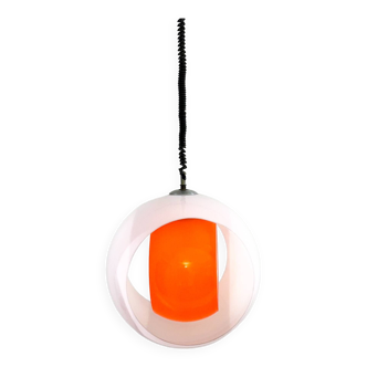 Mid-century Murano Glass White and Orange Suspension model "Eclisse" by Carlo Nason for Mazzega, Ita