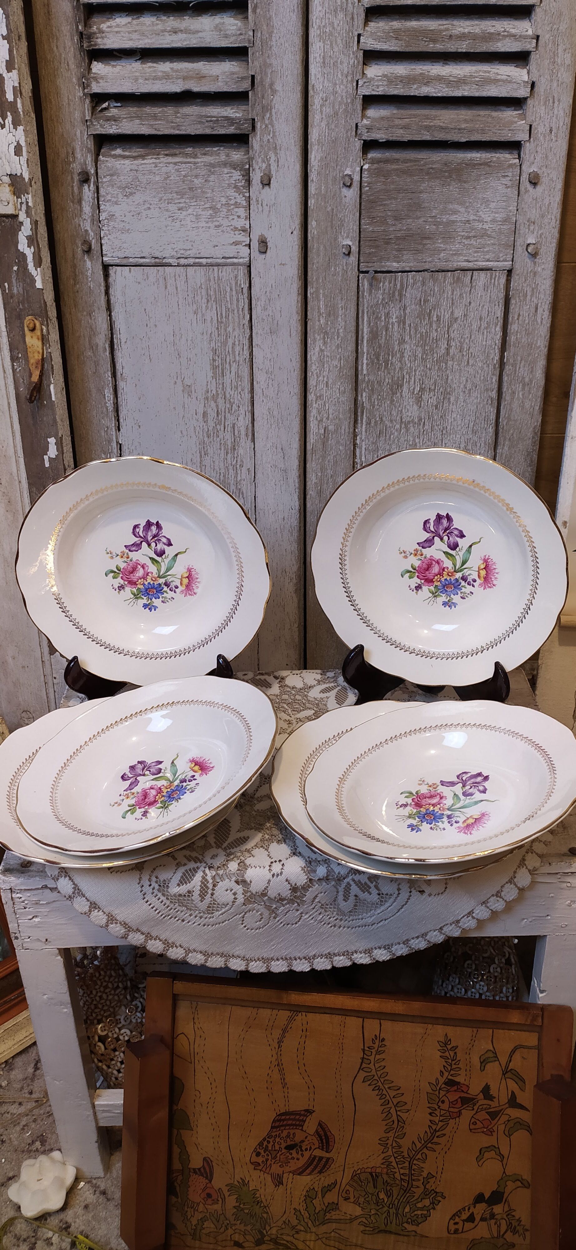 set of six vintage plates, Gien earthenware, floral style
