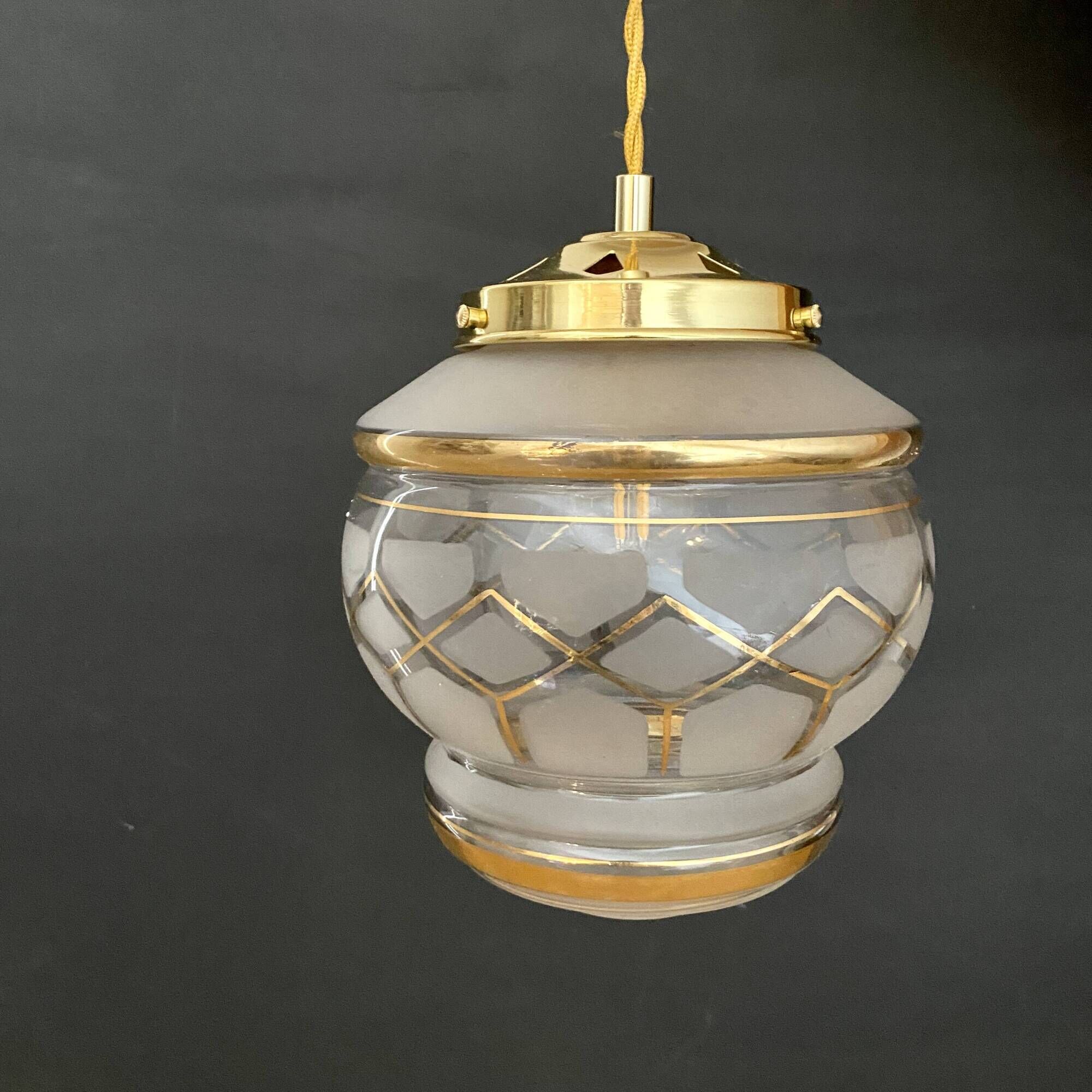 Vintage art deco globe pendant light in white and gold frosted glass
