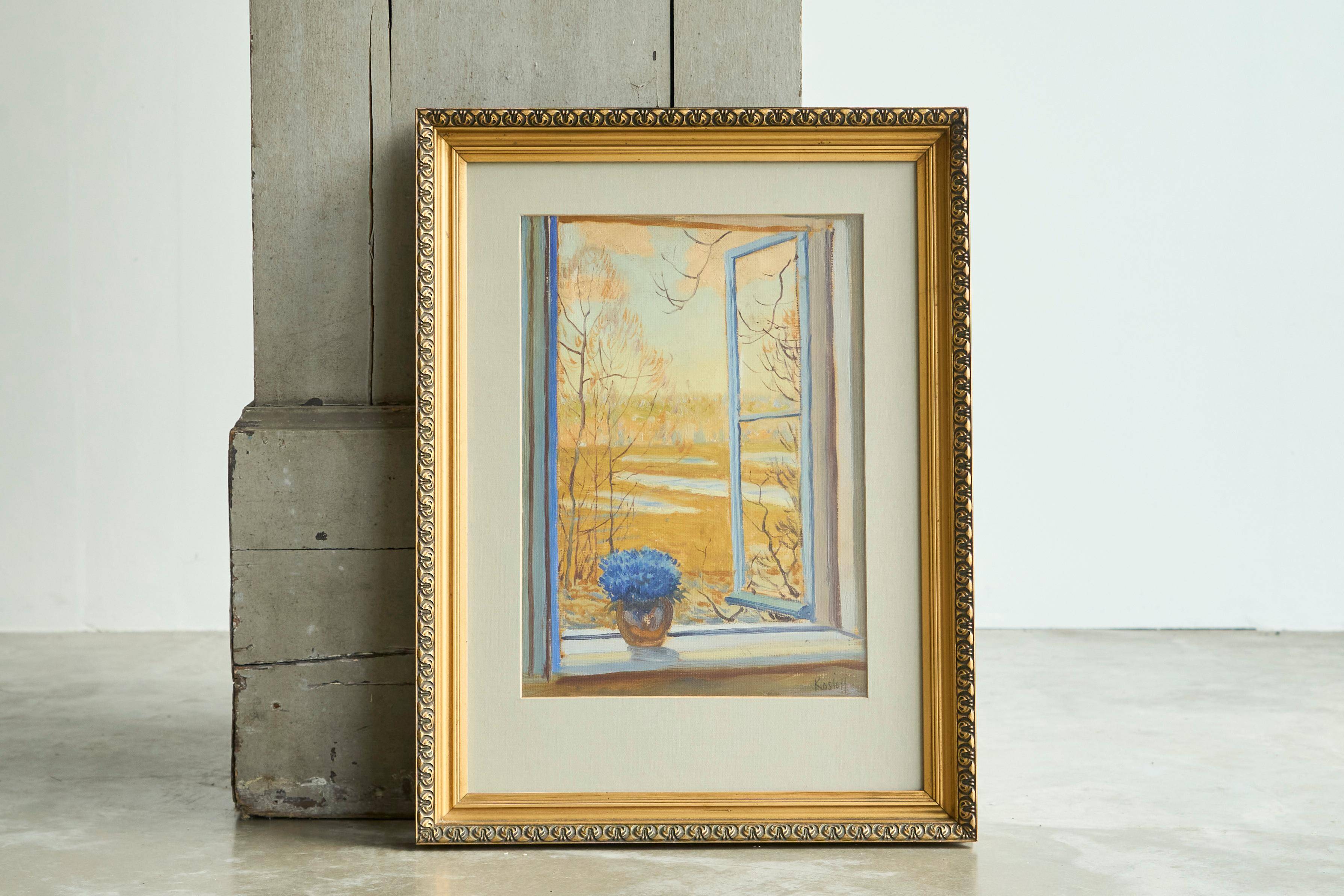 Painting of an open window with flowers, Belgium early 20th century.