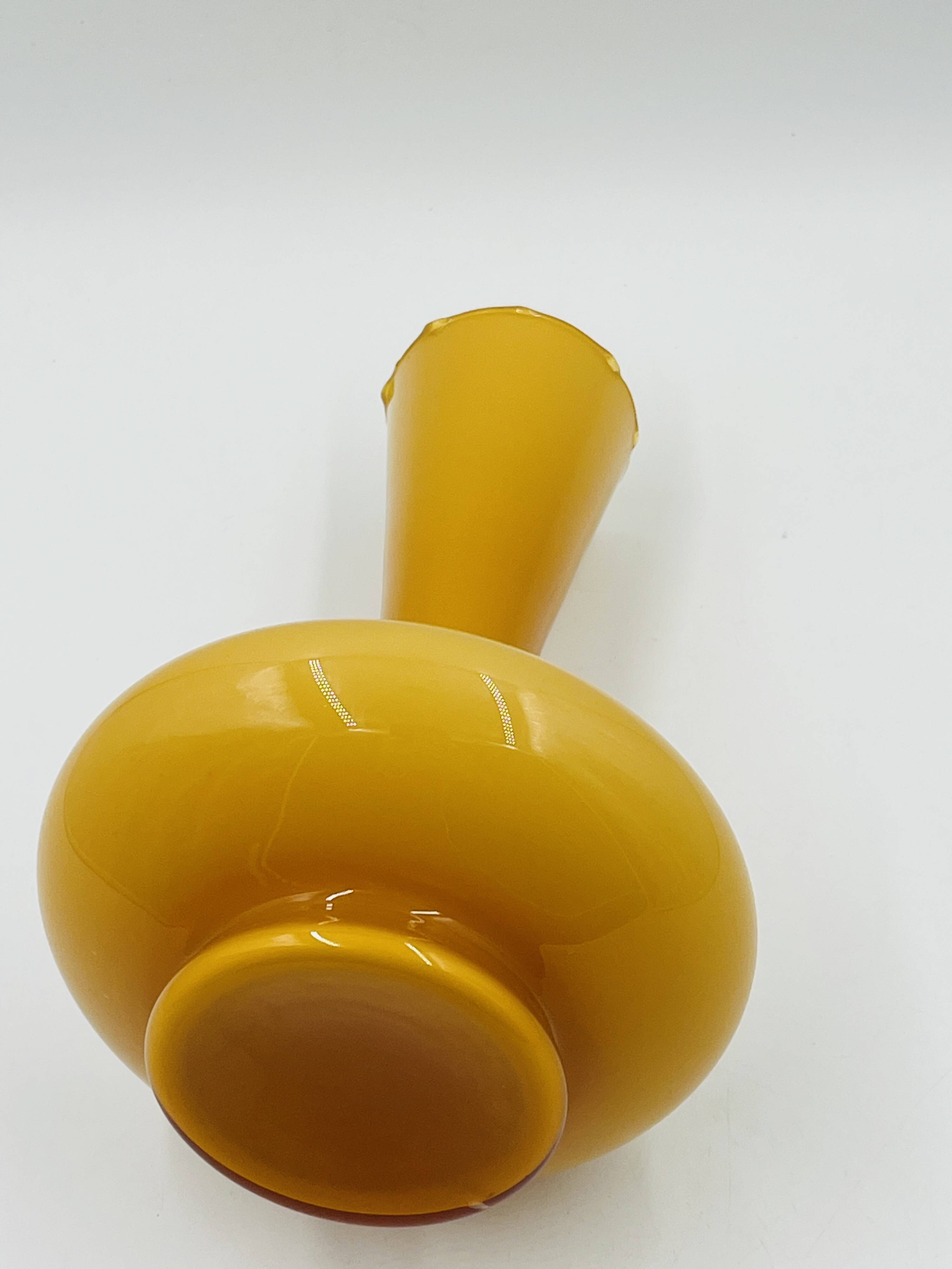 Vintage ochre opaline vase with a fluted neck