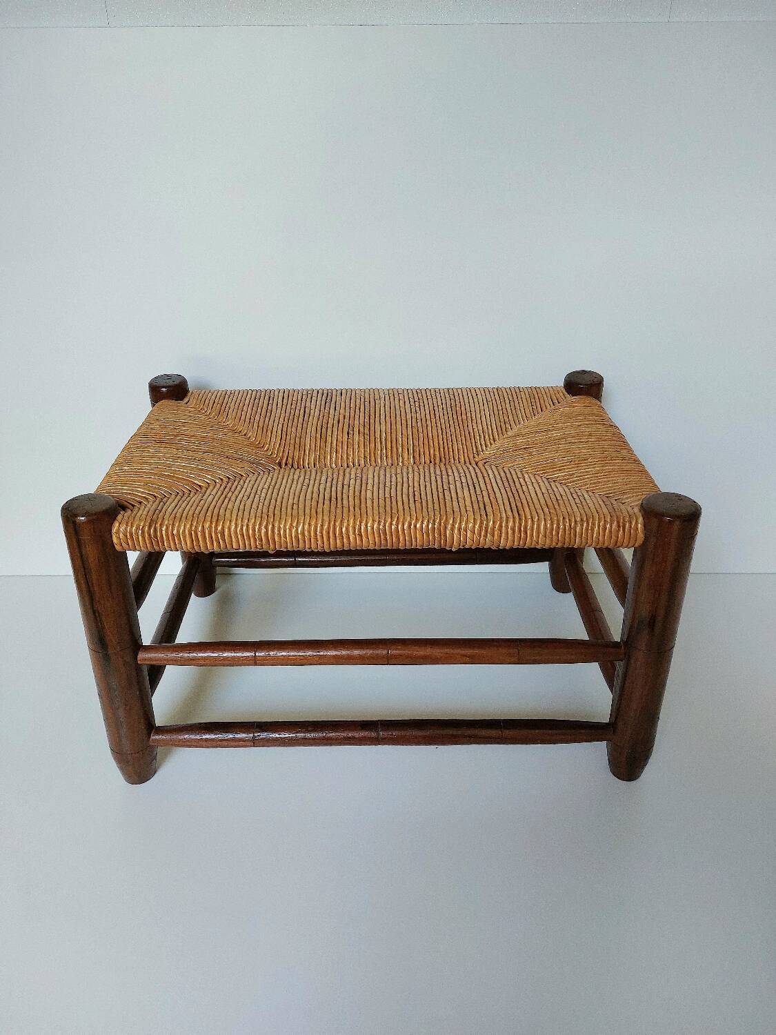 Vintage woven straw wooden stool