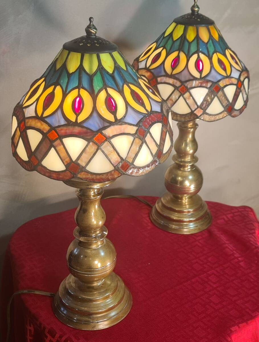 Pair of antique brass lamps with glass in Tiffany style.