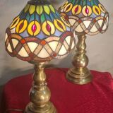 Pair of antique brass lamps with glass in Tiffany style.
