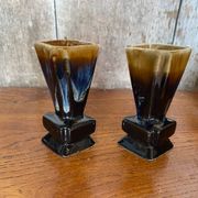 Pair of art deco flamed ceramic vases in black & beige vintage