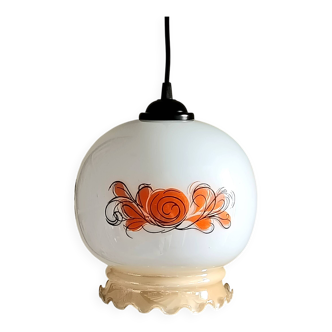 Vintage opaline glass pendant light, multicolored flower patterns from the 60s