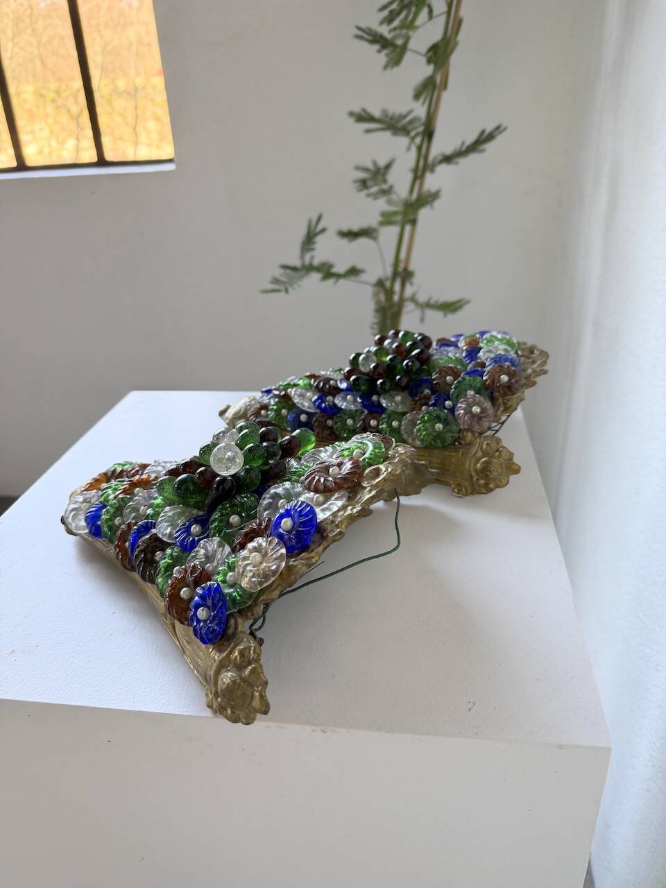 Pair of Art Nouveau bronze and Murano glass wall lights