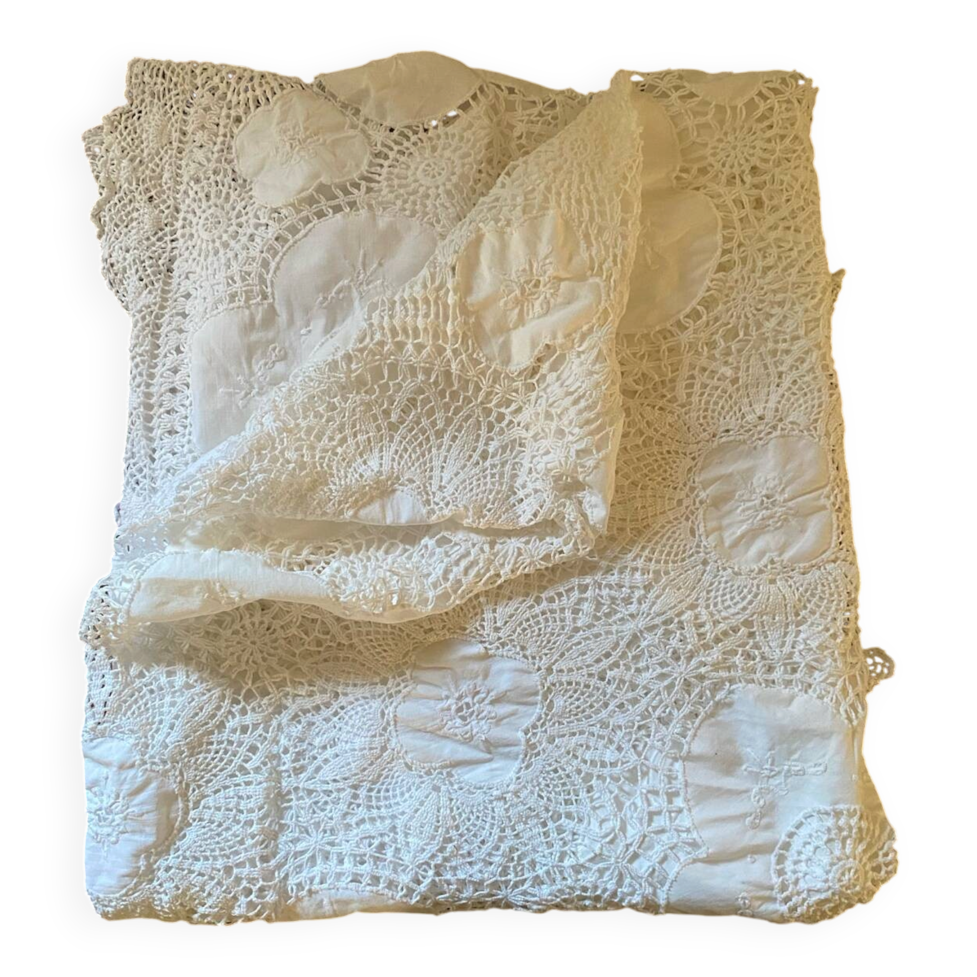 White cotton tablecloth with crochet lace.