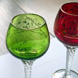 Set of 3 colored wine glasses - Ruby, red, green, gold and twisted foot