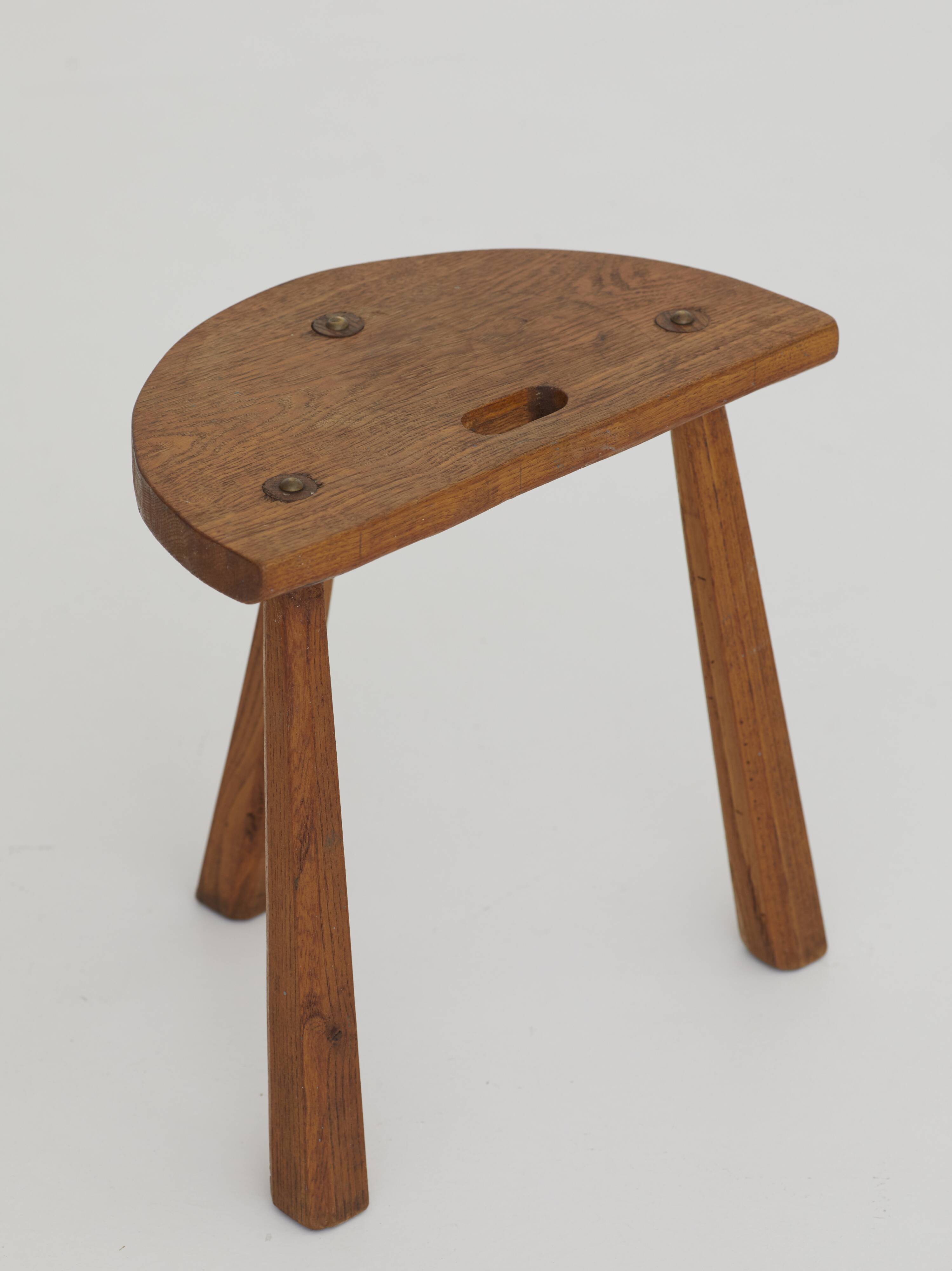 2 vintage solid wood half-moon tripod stools, circa 1950