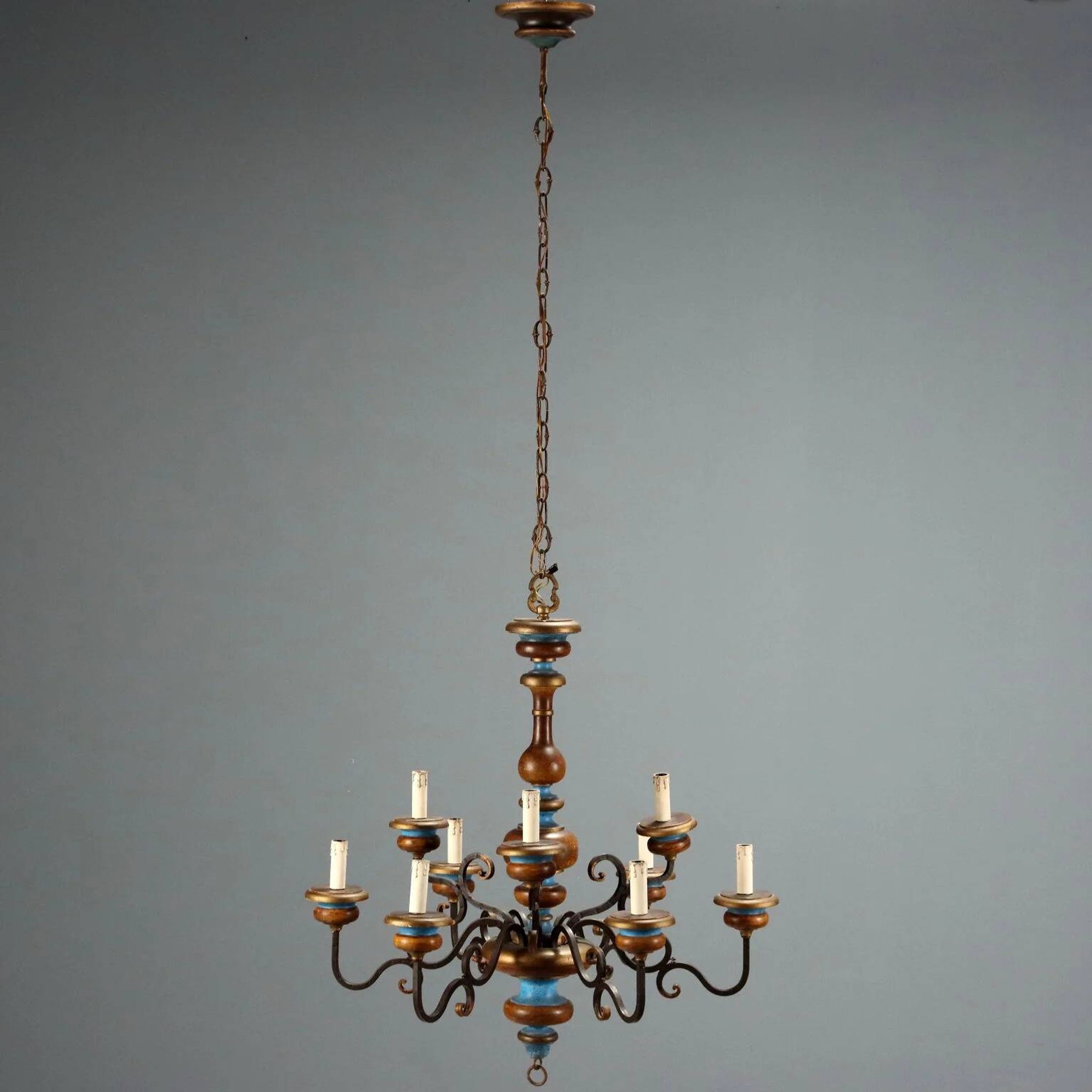 Antique wooden and brass chandelier with 9 lights, Italy, 20th century.