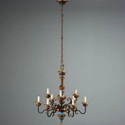 Antique wooden and brass chandelier with 9 lights, Italy, 20th century.
