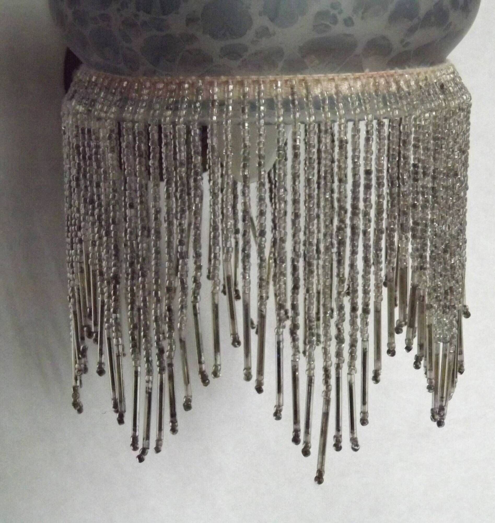 Pair French Vintage Mottled Glass Single Wall Lights Beaded Fringed Shade