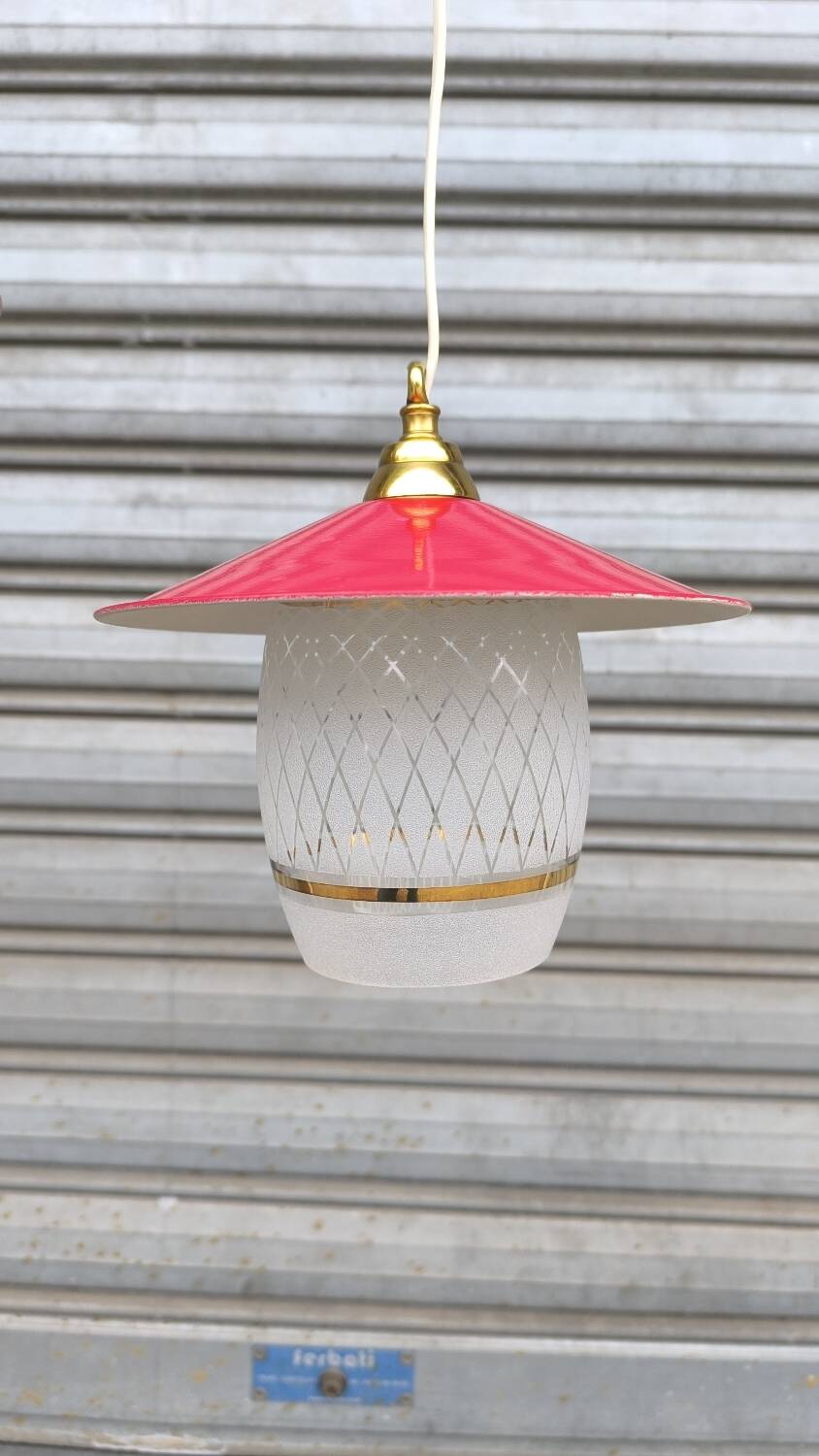 Pair of enamelled sheet metal and glass pendant lights