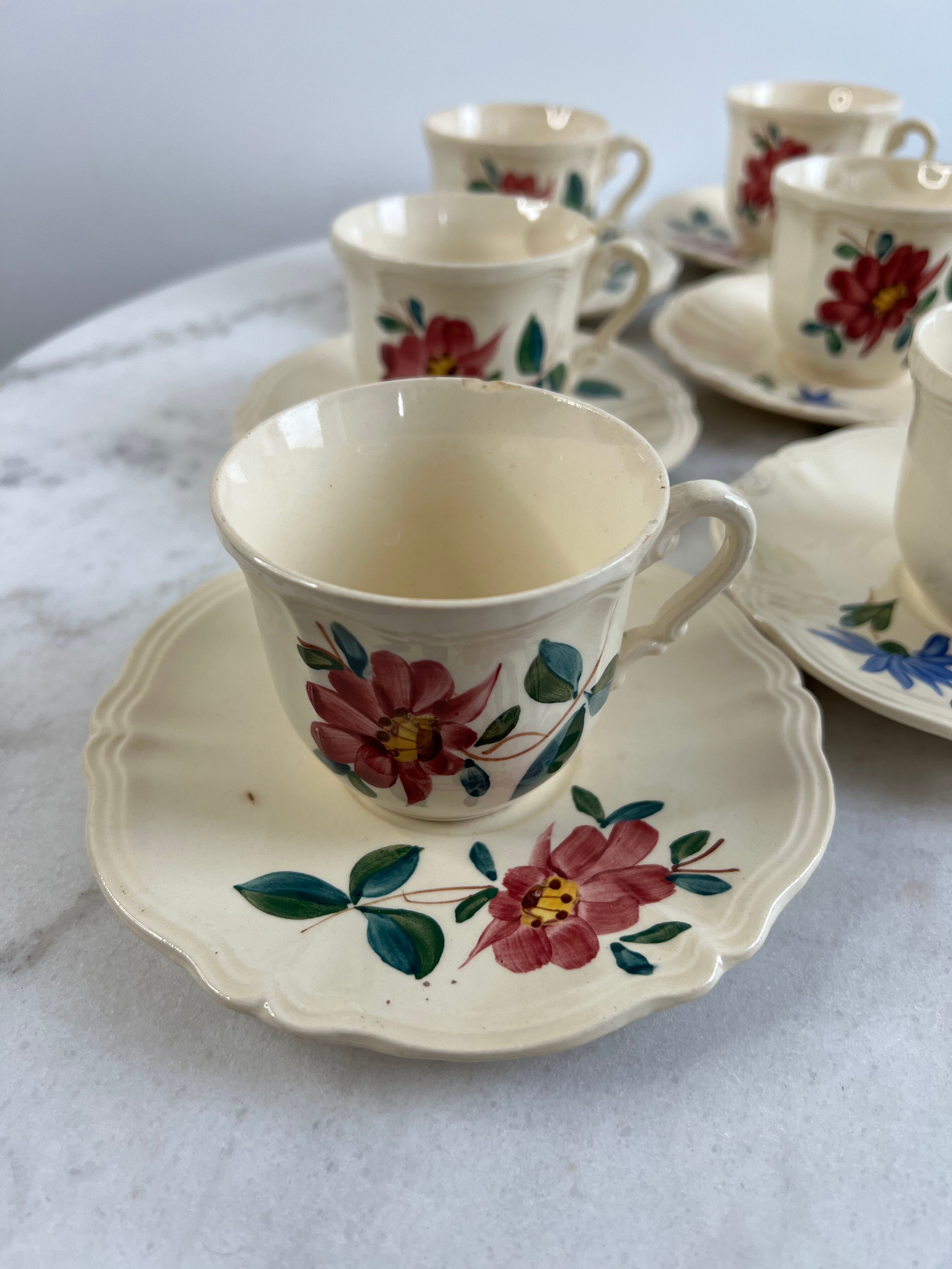 Set of 8 hand-painted coffee cups Sarreguemines Terre de fer