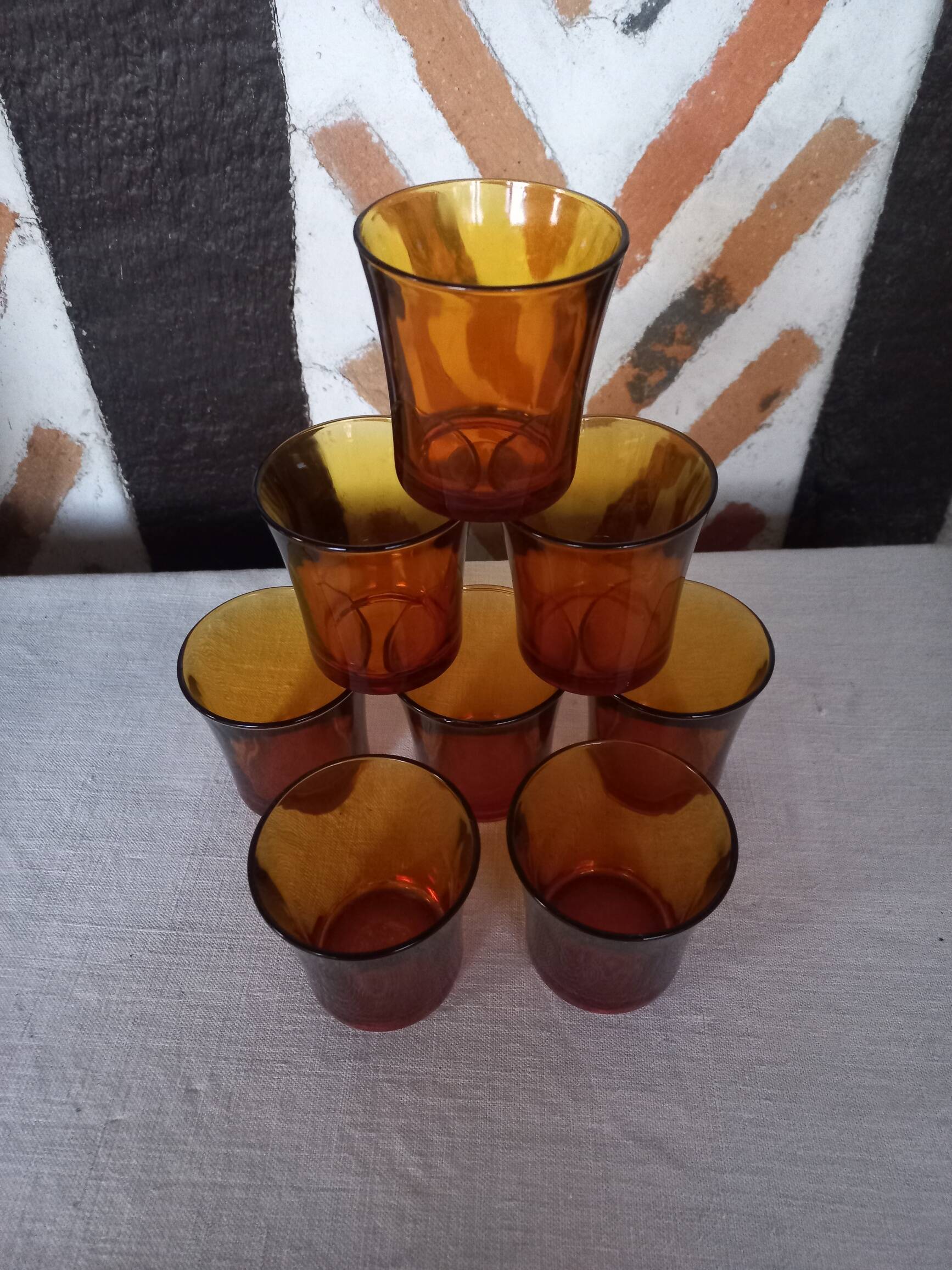8 Duralex amber tumbler glasses