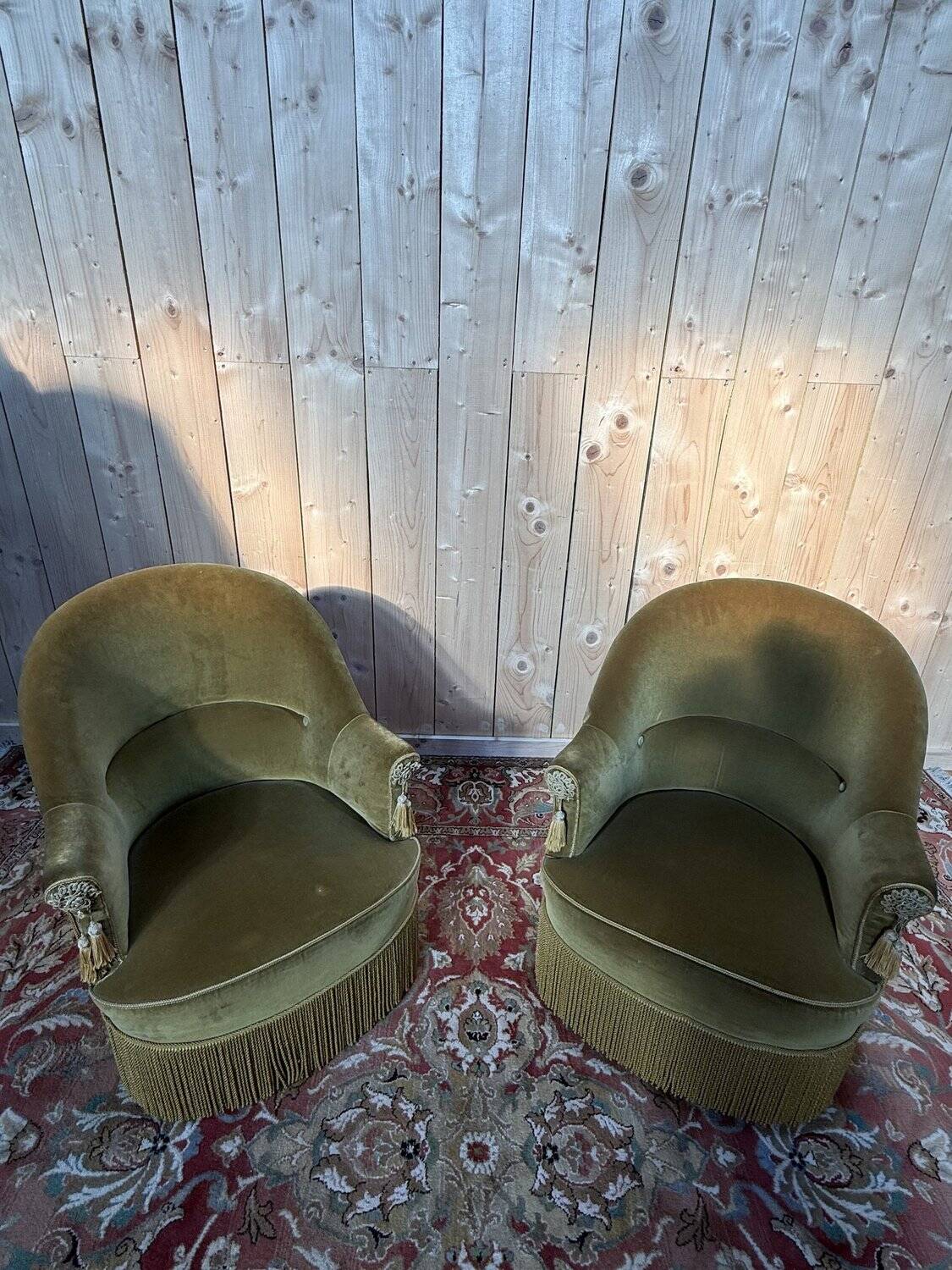 Pair of Napoleon III style crapaud armchairs in two-tone velvet.