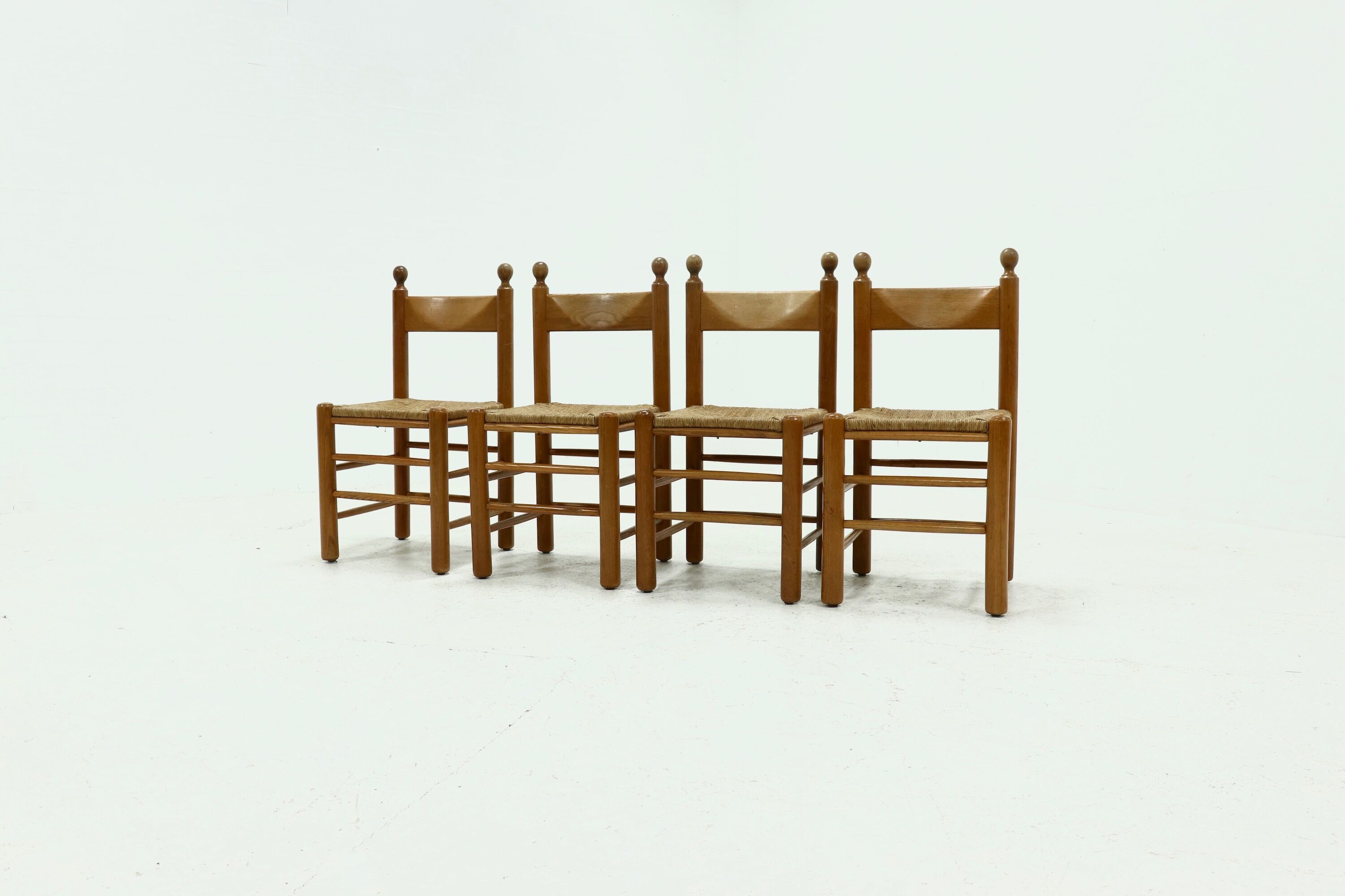 Set of 4 solid oak & rush brutalist dining chairs 1960s