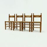Set of 4 solid oak & rush brutalist dining chairs 1960s