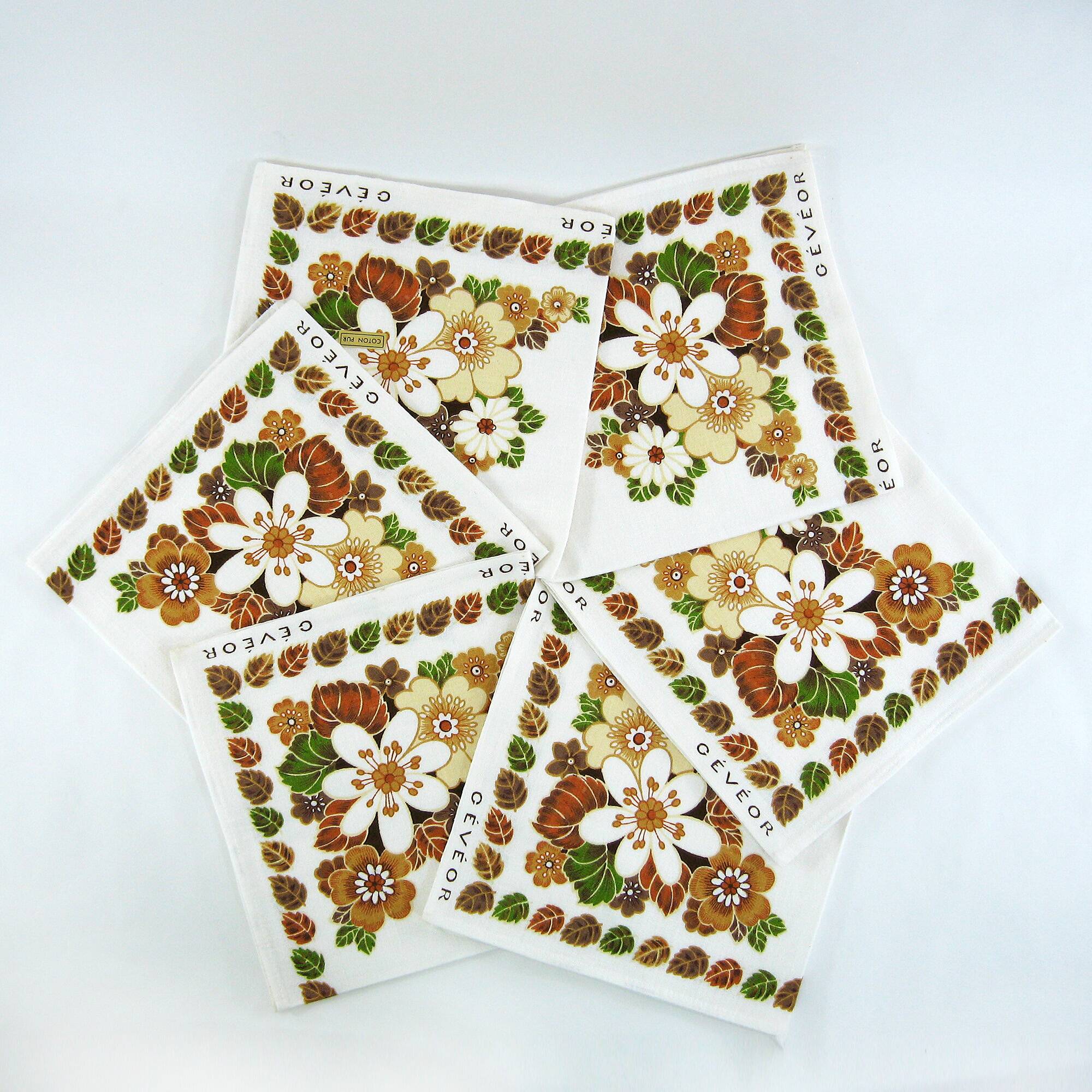 6 cotton napkins - brown and green floral pattern - Gévéor France - vintage 70s