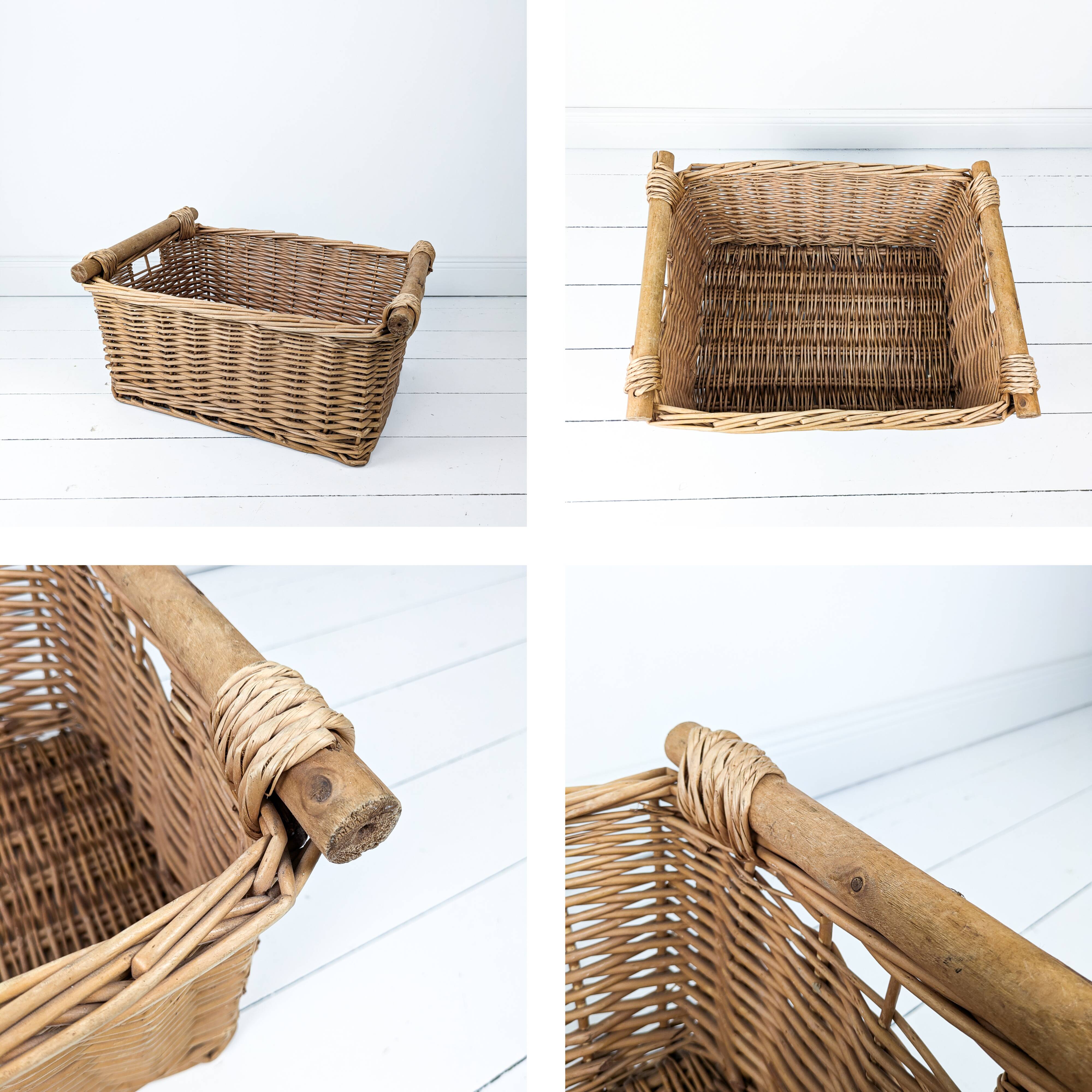 Panier Vintage Anse Rangement Mid Century Panier en osier tressé marron Travail manuel Hygge Skandi