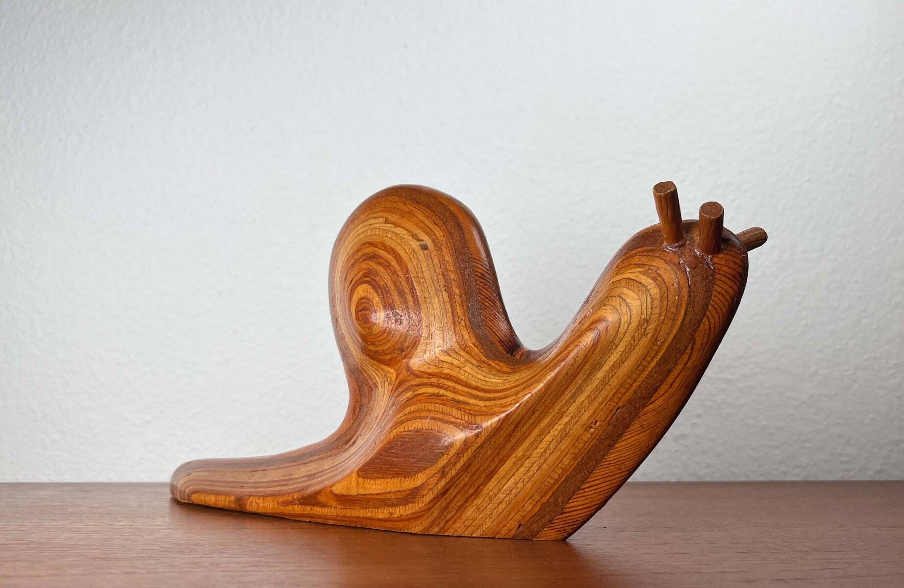 Large Danish carved wooden snail sculpture from the mid-century, 1960s.