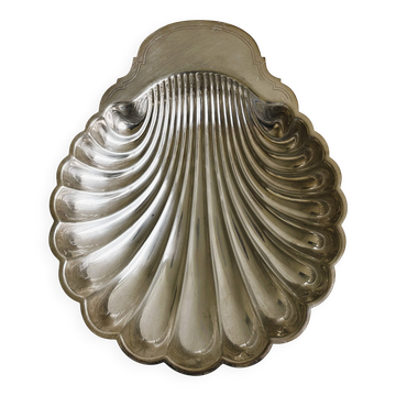 grand plat en métal argenté en forme de coquillage