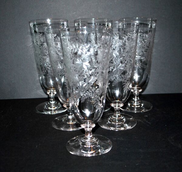 Lot 6 verres à bière verrerie portieux bocks bistrot gravé acide 1920-1930