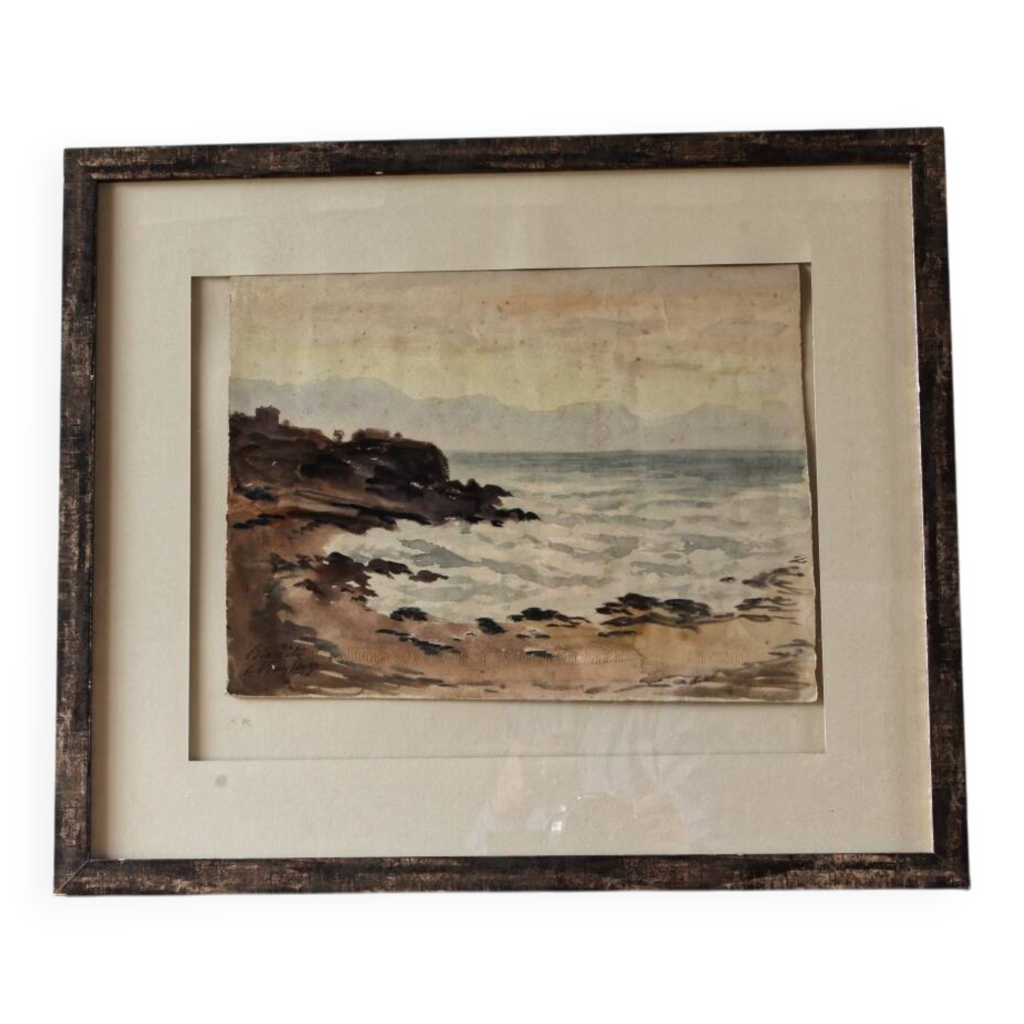 Aquarelle Plage à Biarritz signée, début XXème s