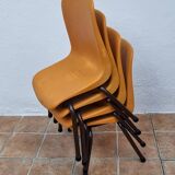 Set of 4 vintage Grosfillex school chairs, 60s-70s, orange plastic and tubular base