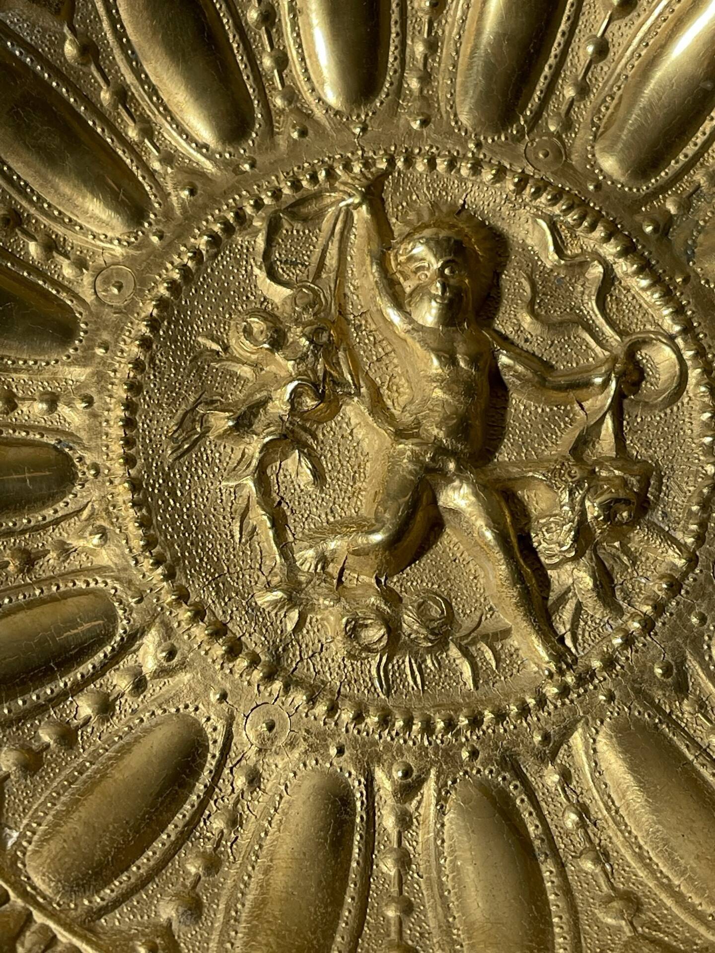 Footed fruit bowl in brass – relief mythological decoration – sty