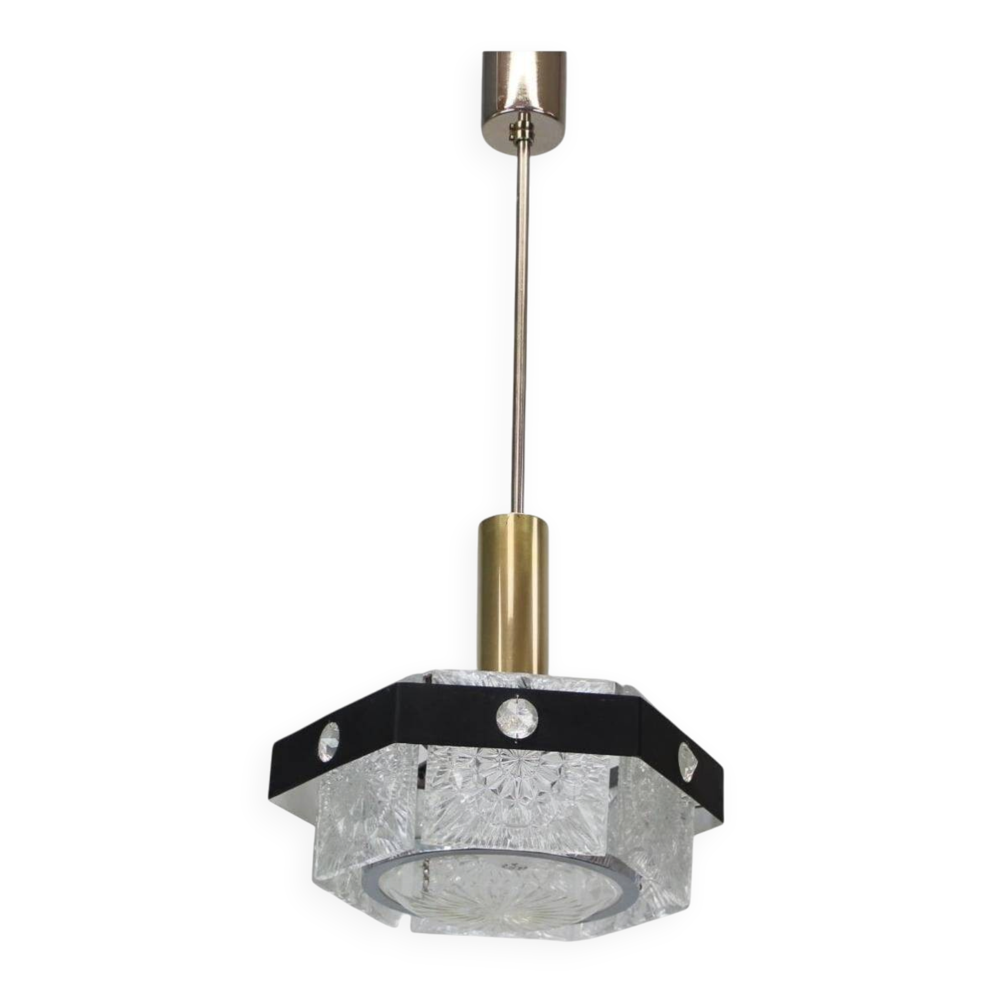 1970s Czechoslovak Kamenický Šenov Cut Glass and Chrome Pendant Light