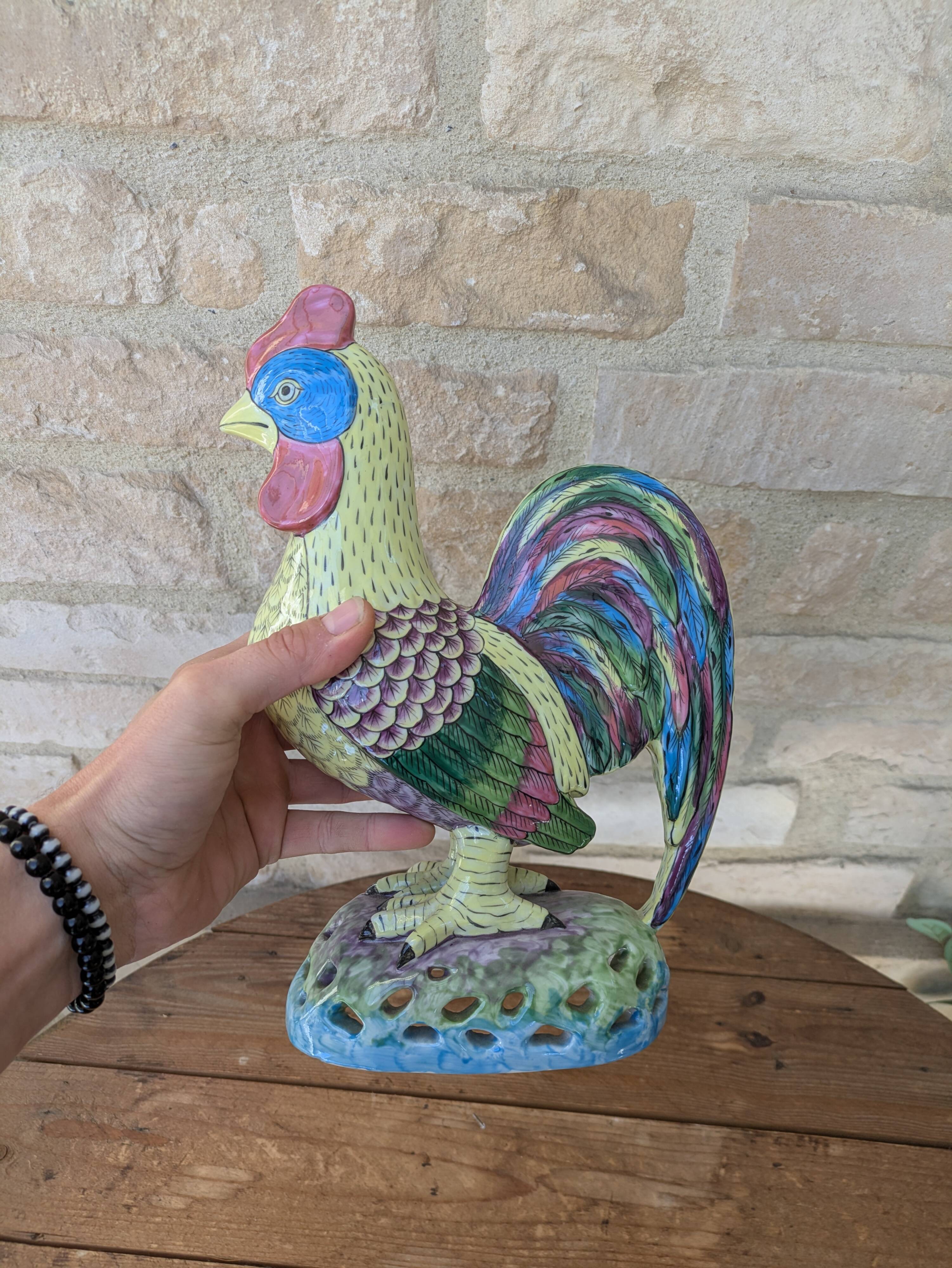 Polychrome decorative rooster in Paris Porcelain statue H30cm