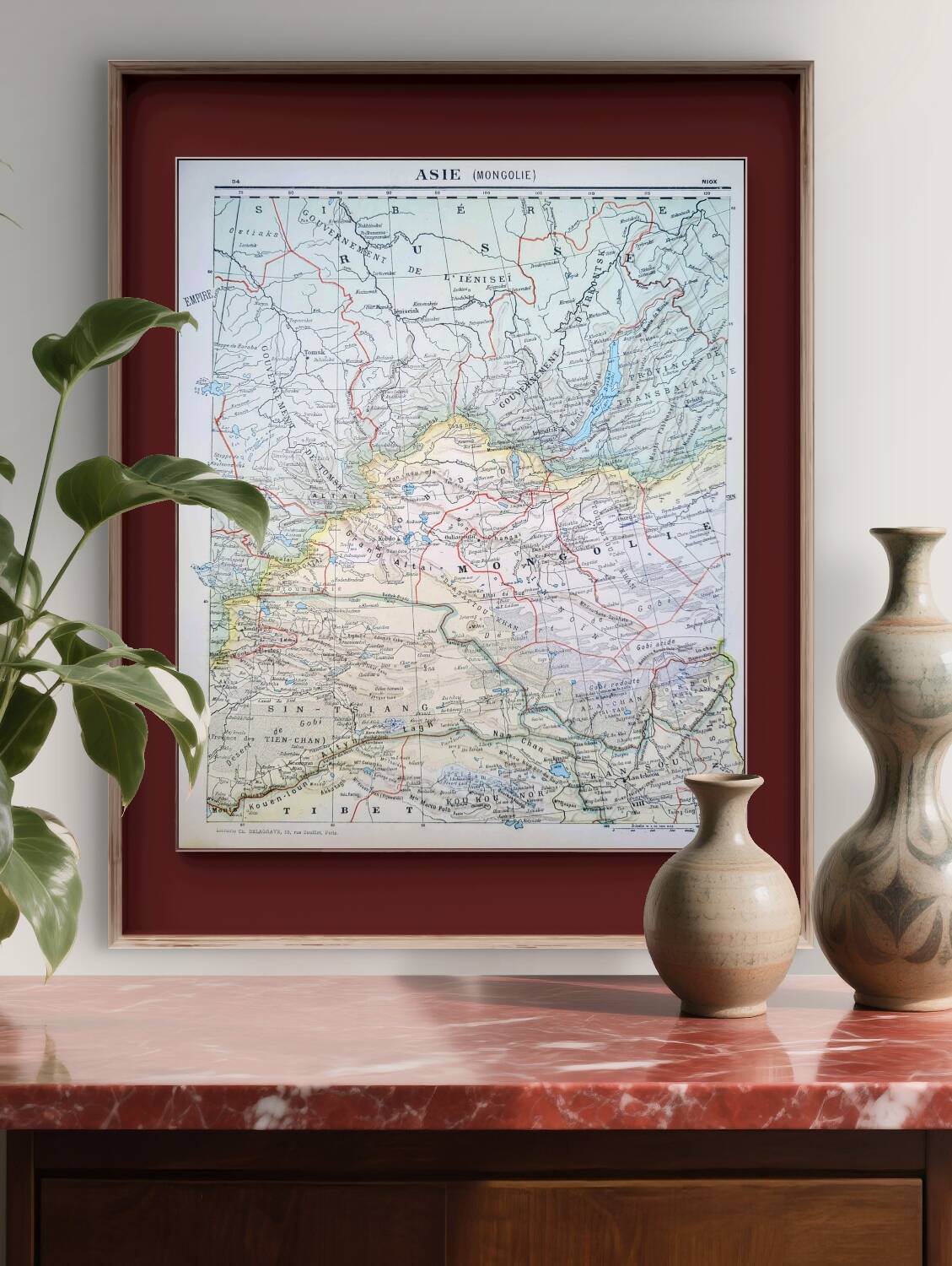 Mongolie, Asie. Planche géographique imprimée en 1900.