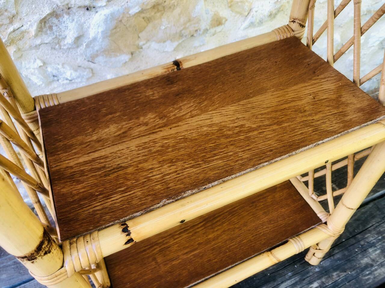 Wall shelf blond wood, bamboo, vintage rattan