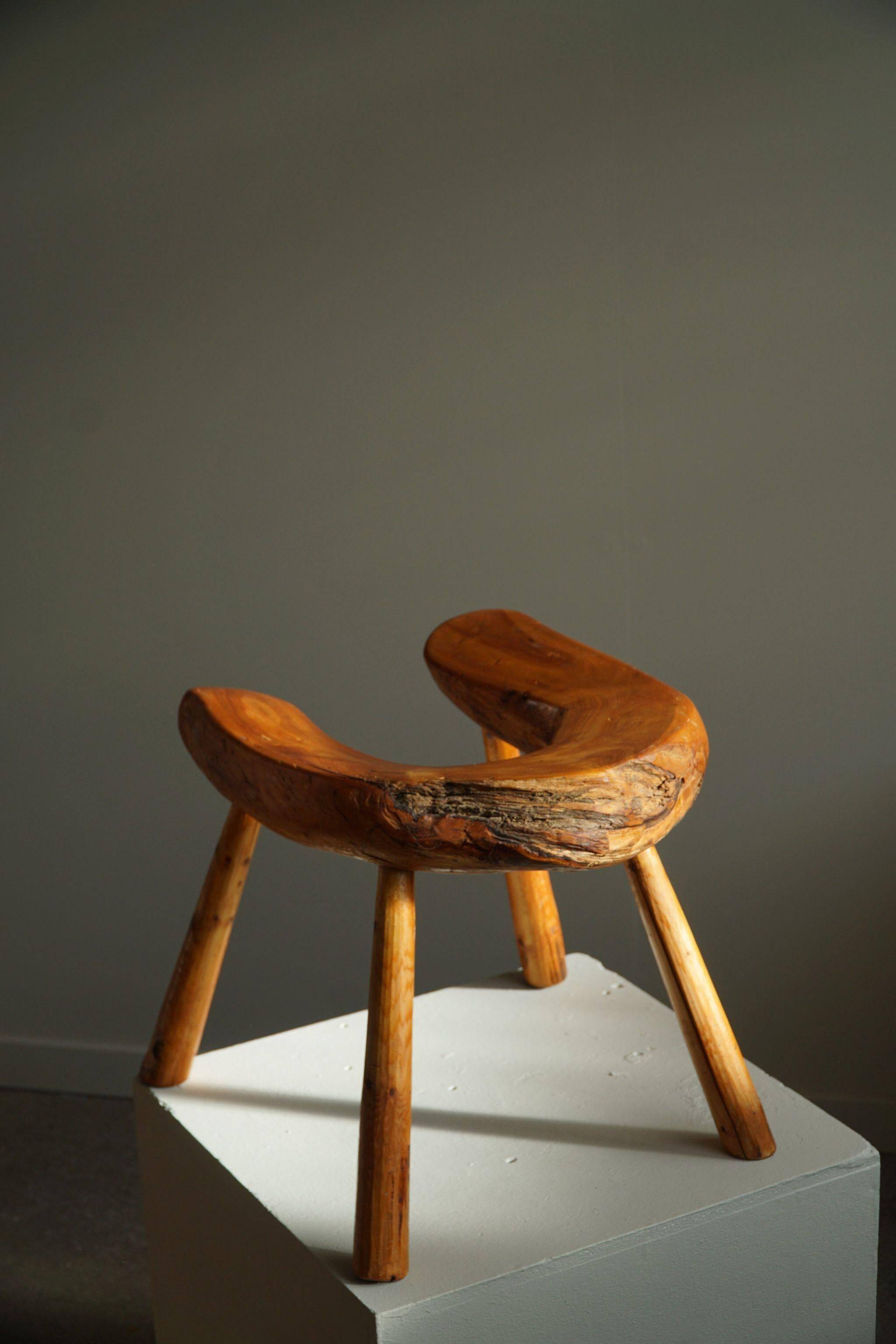 Wabi Sabi stool in solid pine, handmade by a Swedish carpenter, 1950s.