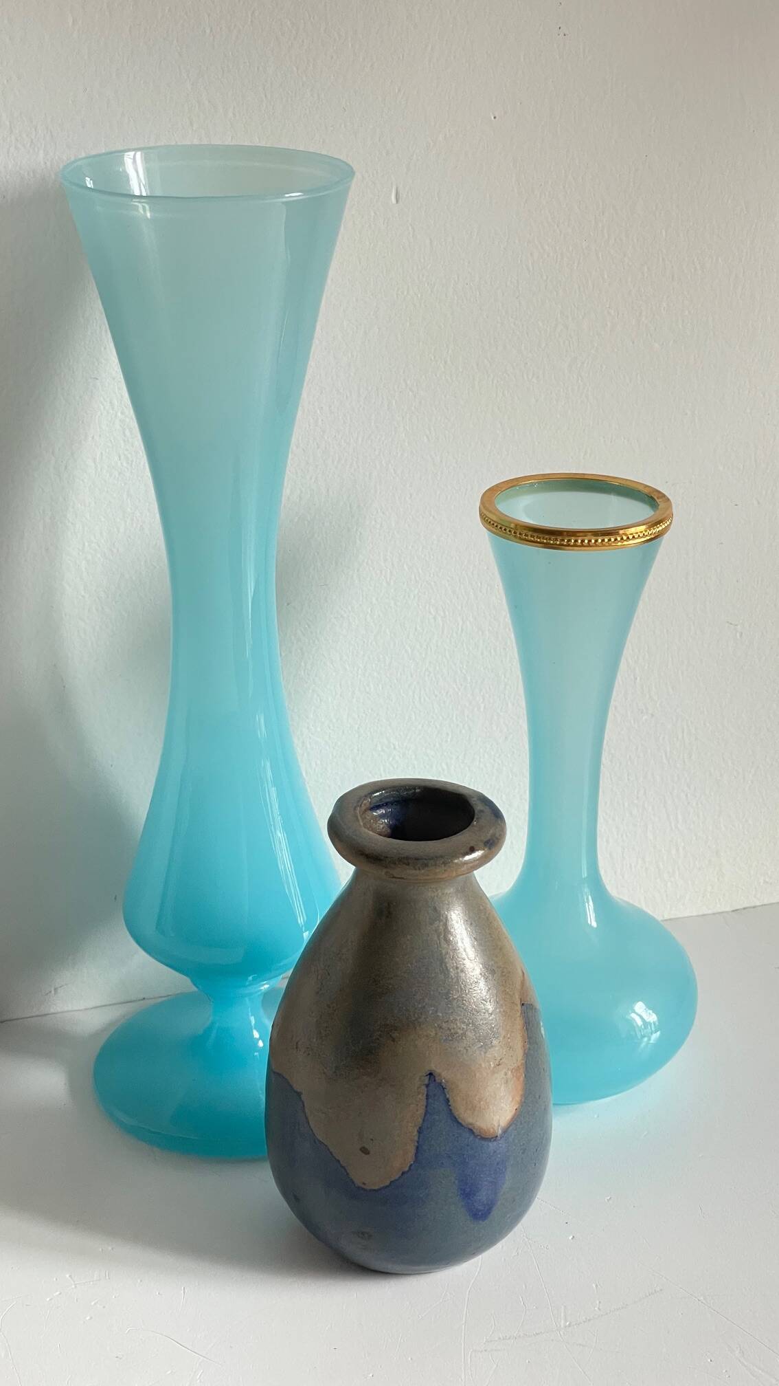 3 VASES Bleu Océan Grès et Verre OPALIN Vintage
