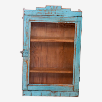 Old art deco wall display case in original blue teak burmese patina