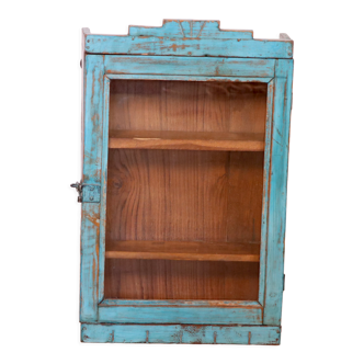 Old art deco wall display case in original blue teak burmese patina