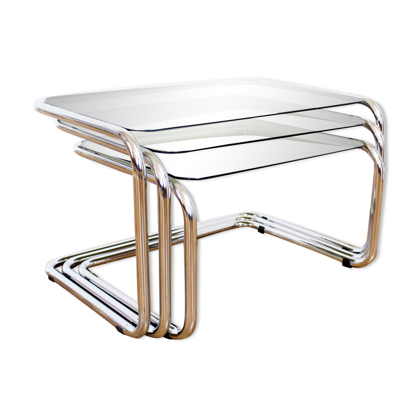 Bauhaus style metal and glass trundle tables