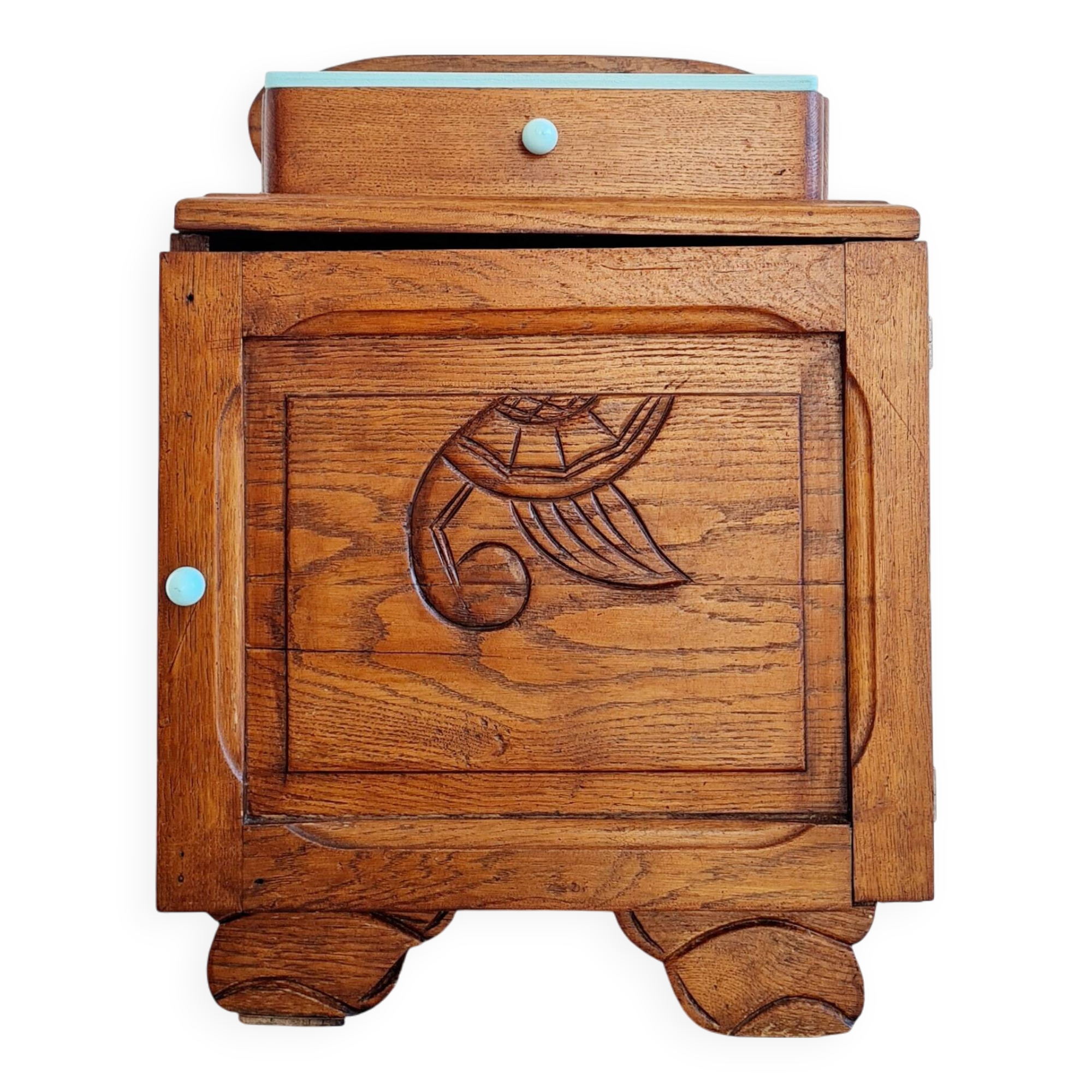Art Deco bedside table in solid wood - blue top