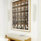Brutalist Style Bench with Solid Oak Pyramid Bases and Ivory Bouclé Upholstery