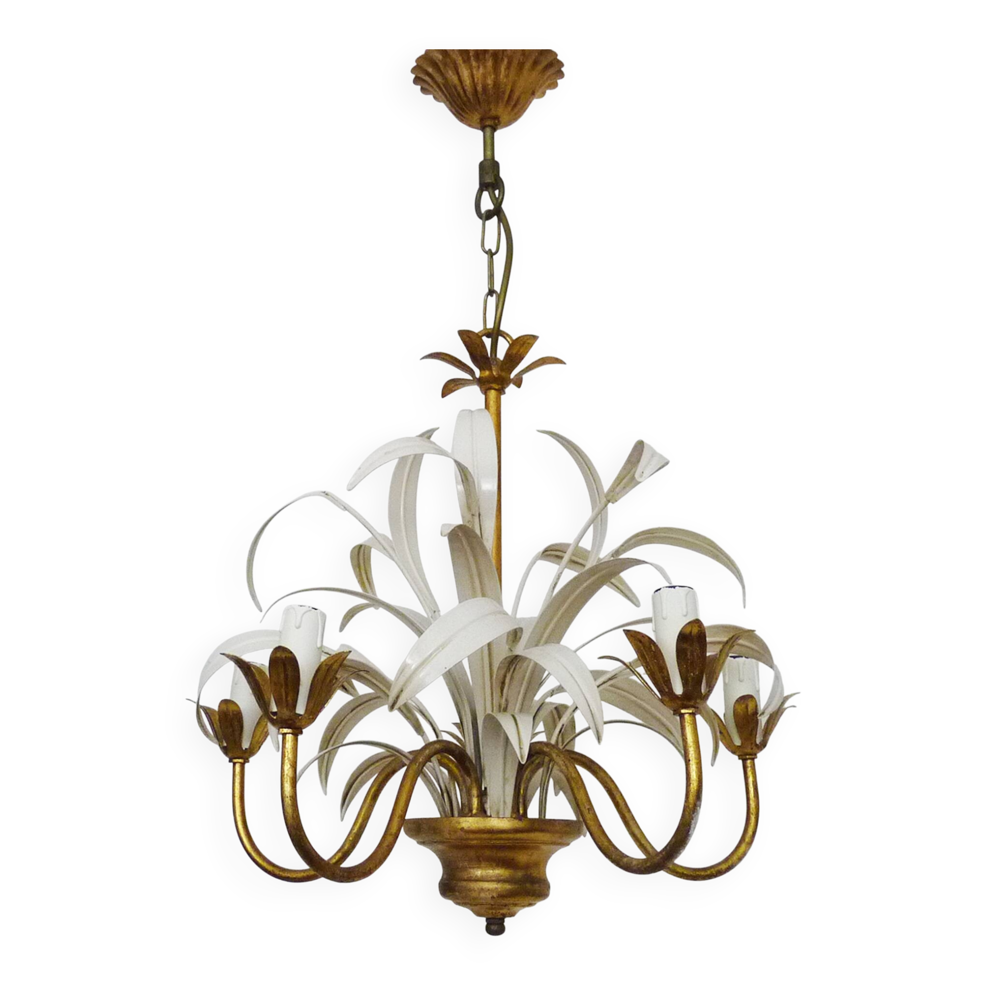 Lustre vintage 3 feux en métal blanc et doré vieilli, feuilles de palmier
