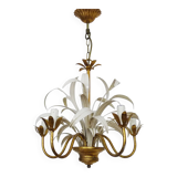 Lustre vintage 3 feux en métal blanc et doré vieilli, feuilles de palmier