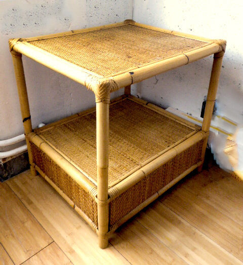 Vintage coffee table wood and blond rattan one drawer ca 1970