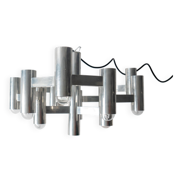 Lustre géométrique space age par Gaetano Sciolari, 13 lumières, aluminium
